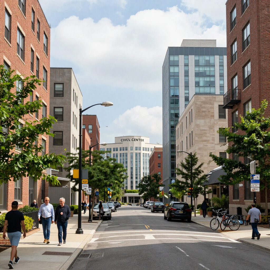 Downtown city street with pedestrians, parked cars, and mid-rise buildings under a bright sky