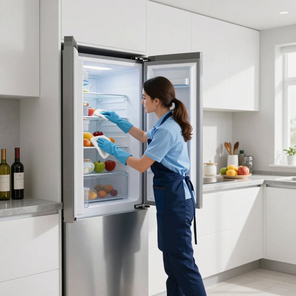 Person in blue cleaning gloves organizing food in an open refrigerator in a bright modern kitchen