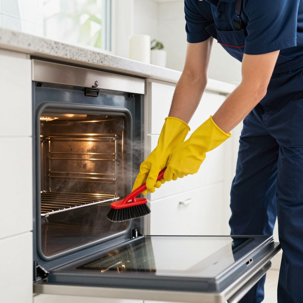 Person cleaning an open oven with a red brush and yellow gloves in a bright kitchen