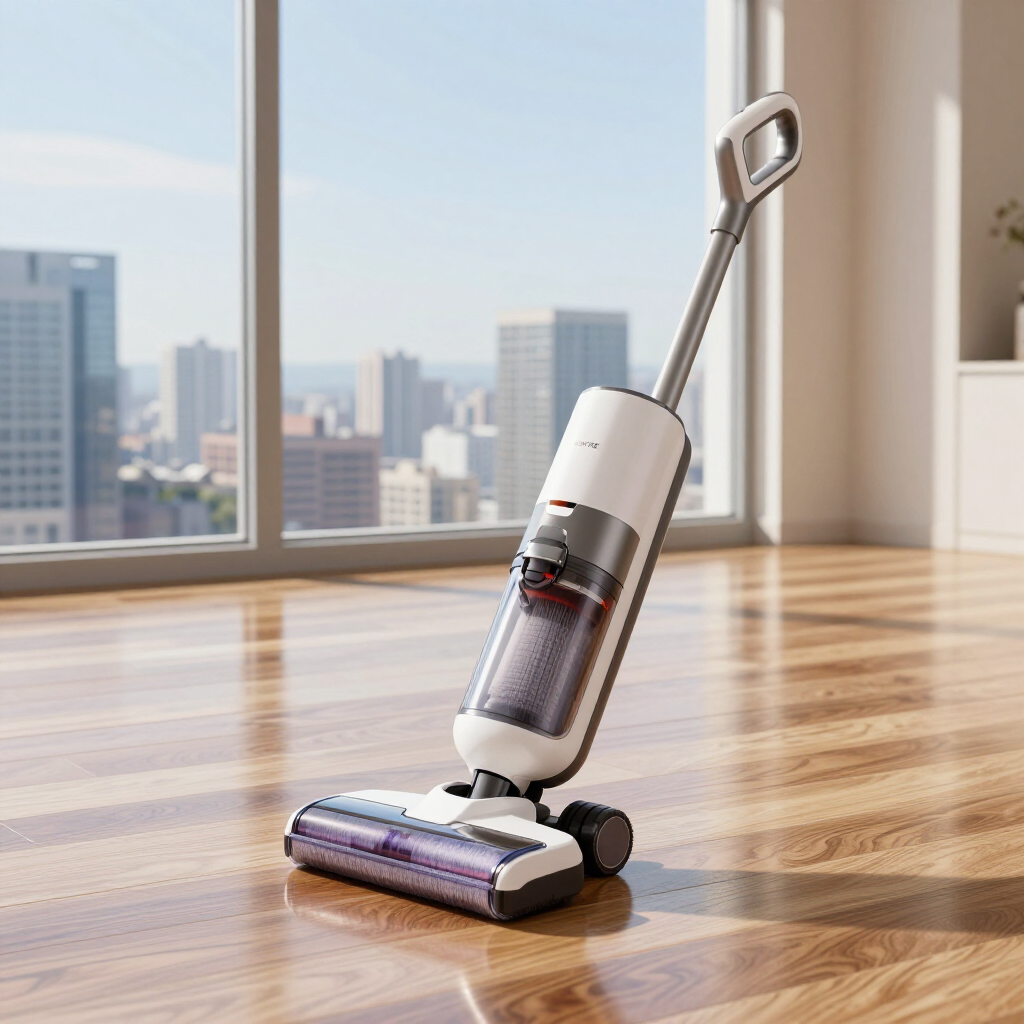 Cordless stick vacuum cleaner on a hardwood floor in a bright apartment with city windows