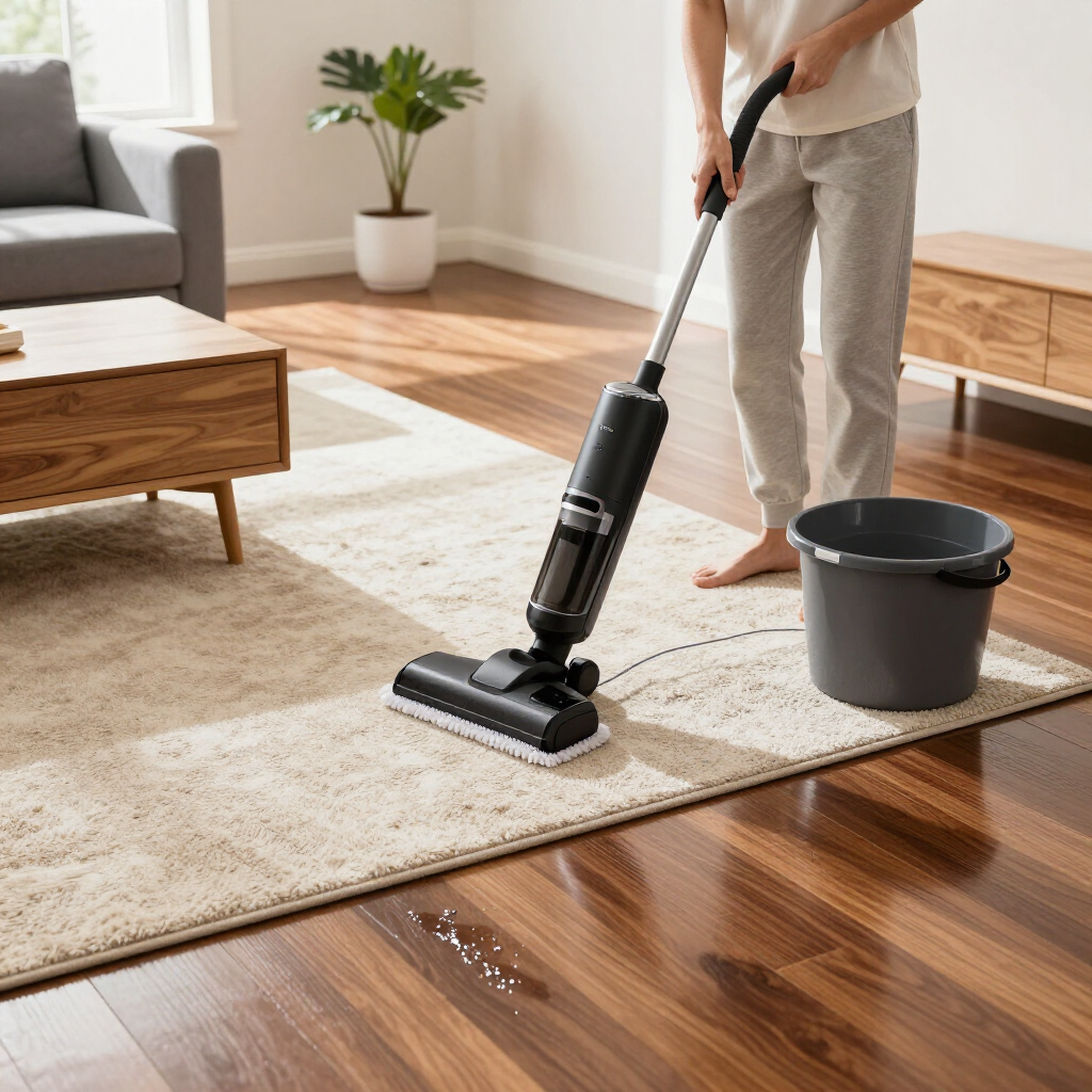 Person mopping a hardwood floor in a bright living room beside a bucket and rug.