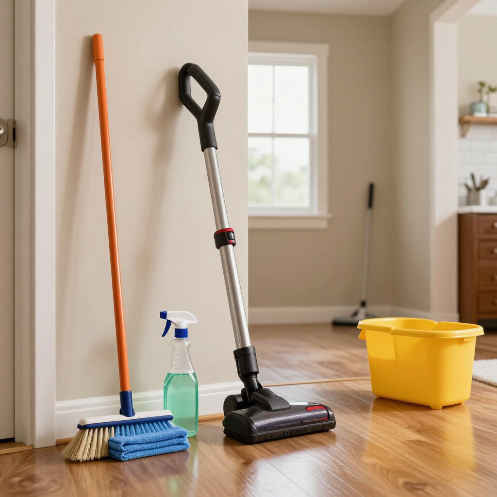 Cleaning supplies in a room: vacuum, broom, spray bottle, mop, and yellow bucket on hardwood floor.