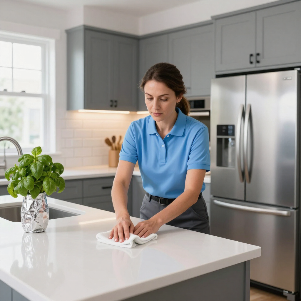 Woman wiping a kitchen island with a cloth in a bright modern kitchen