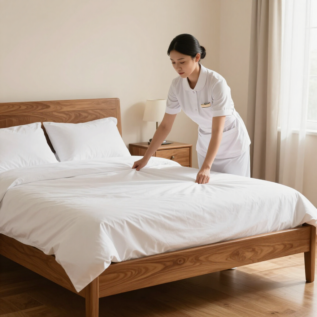 Person making a bed in a bright bedroom with a wooden bed frame and white linens