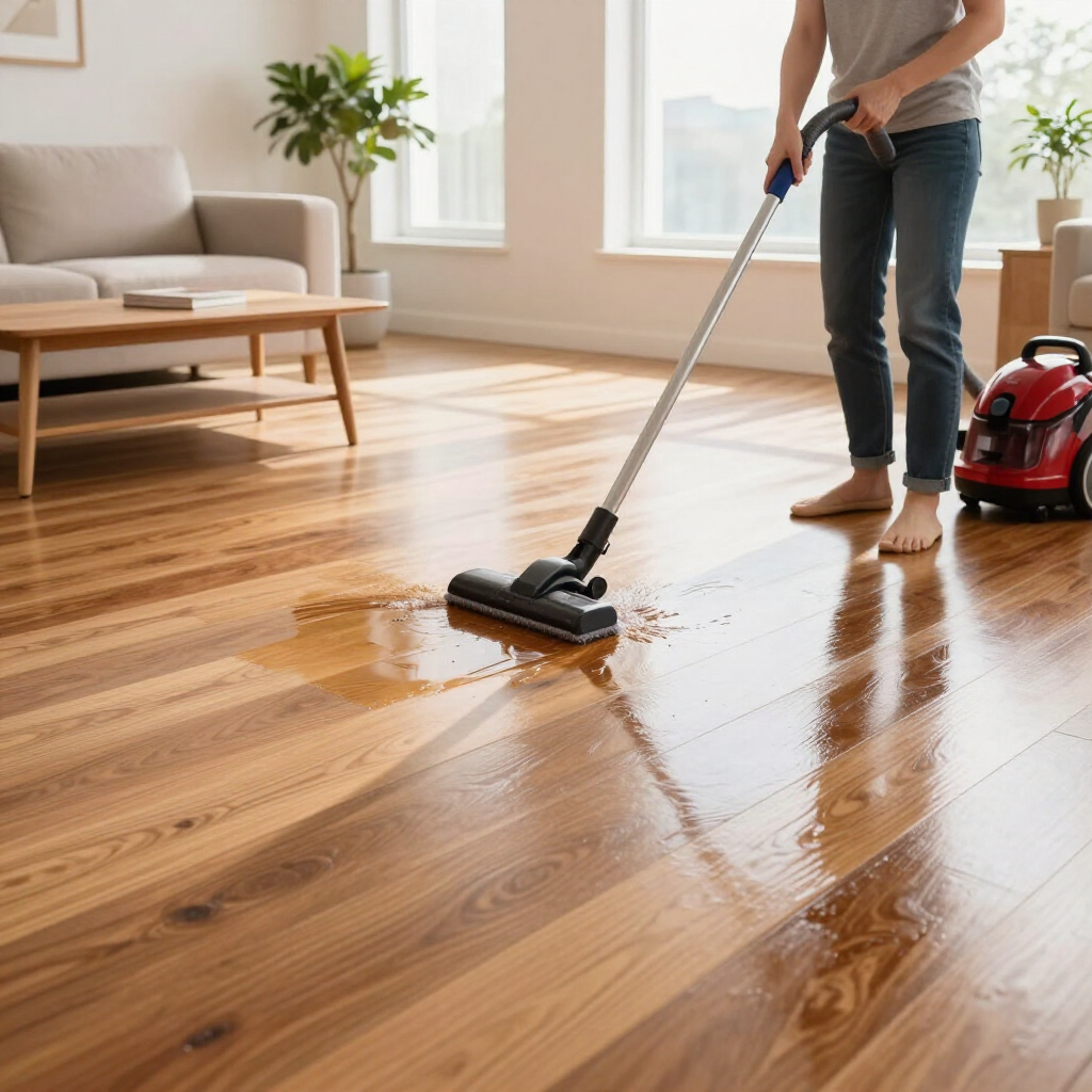 Person mopping a wet wooden floor in a bright living room beside a red vacuum cleaner