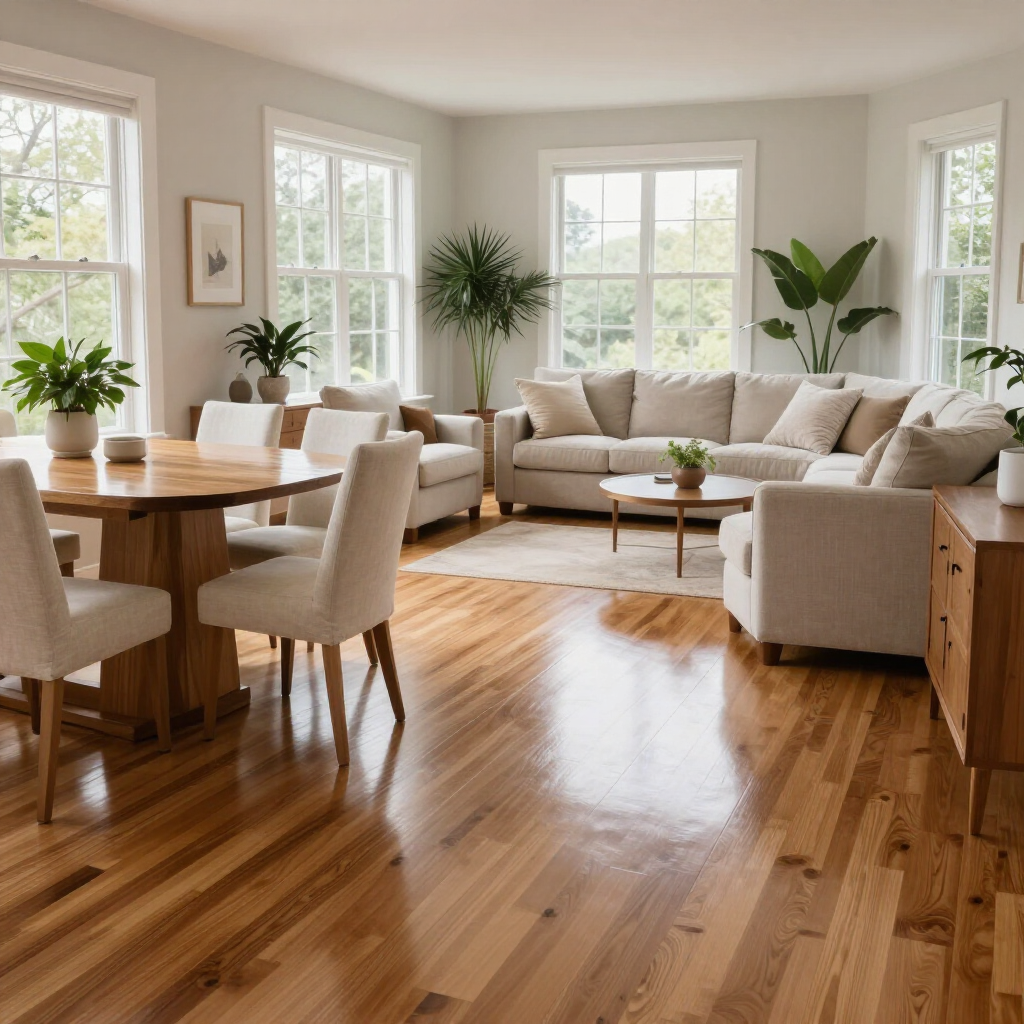 Bright living and dining room with large windows, beige sofa, wooden table, and plants on a polished hardwood floor