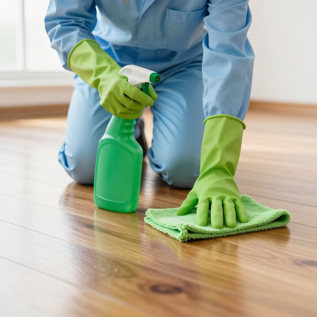 Person in blue uniform cleaning a wooden floor with a green spray bottle and microfiber cloth