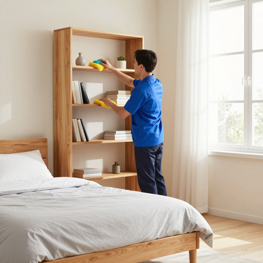 Person in blue shirt arranging items on a wooden bookshelf in a bright bedroom