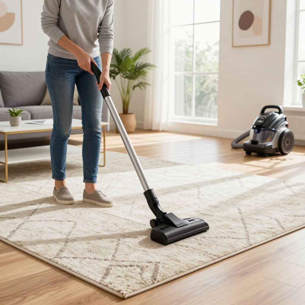 Person vacuuming a beige rug in a bright living room with a canister vacuum nearby