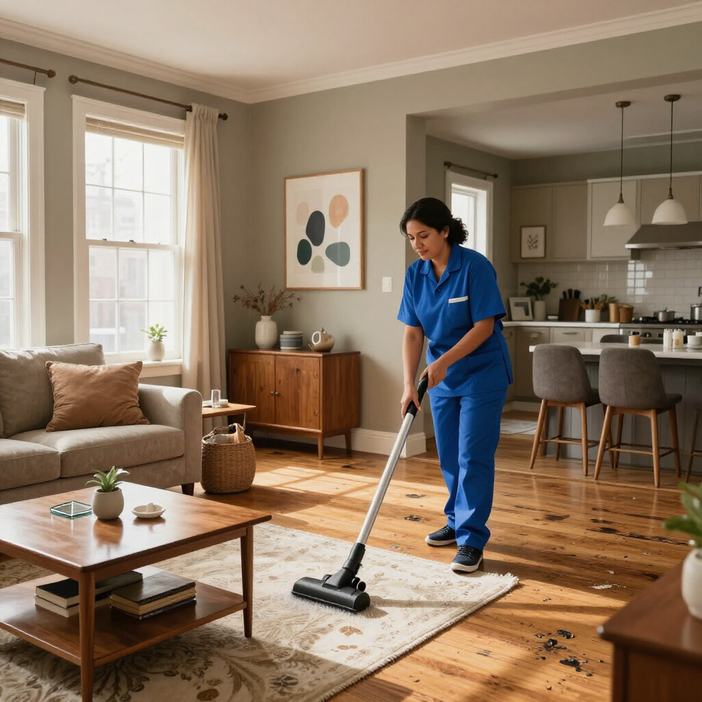 Cleaner vacuuming a living room rug beside a sofa and coffee table