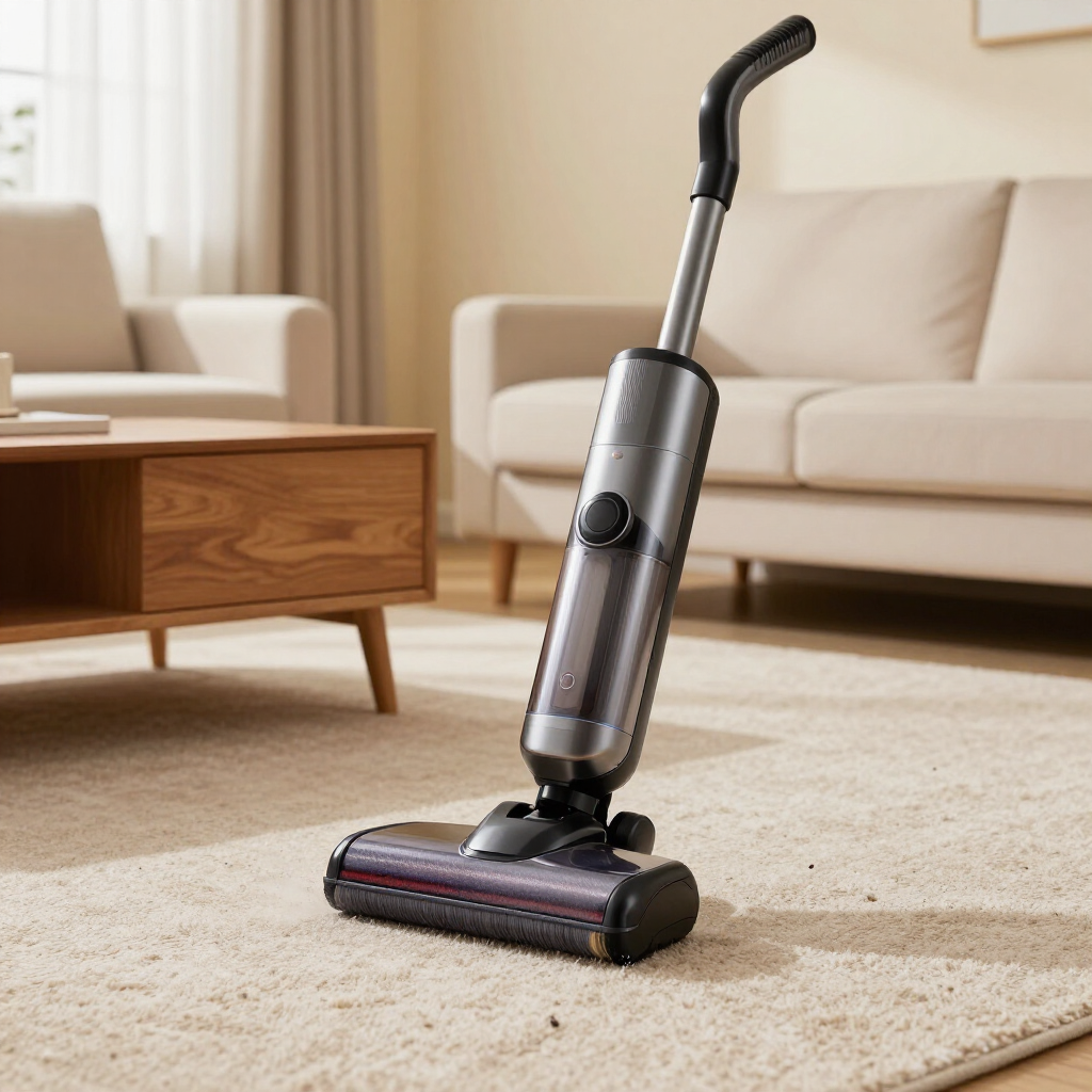 Cordless vacuum cleaner on a beige rug in a modern living room