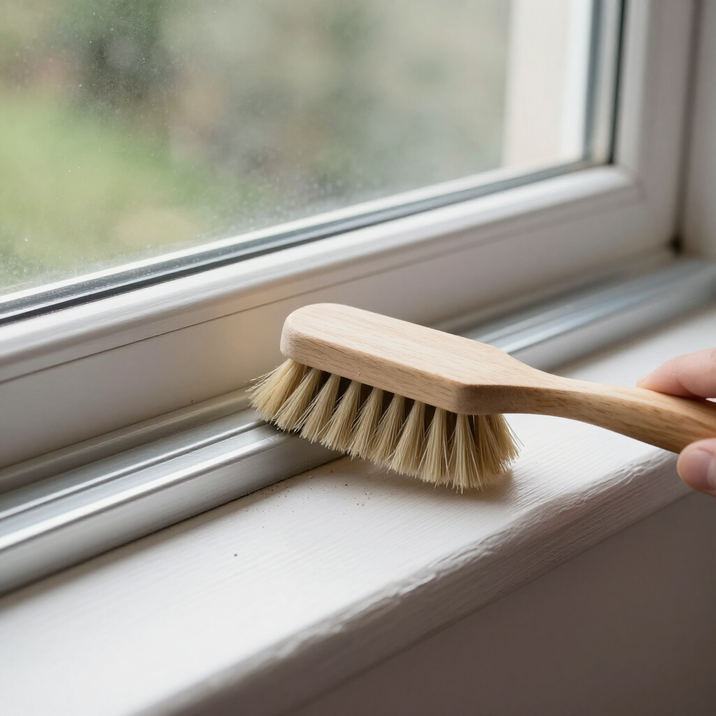 Hand brushing dust from a white windowsill beside a window with a beige brush
