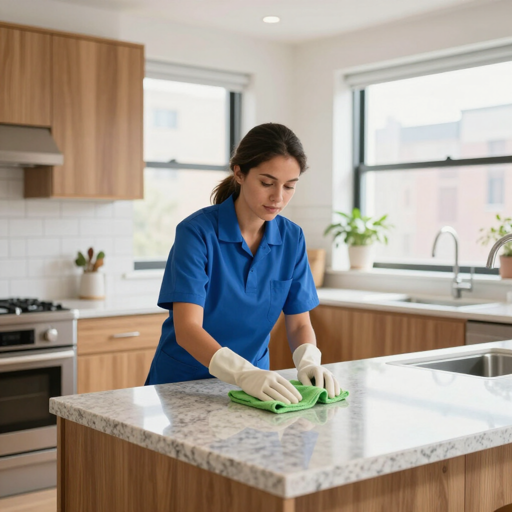 Woman wiping a kitchen island with a green cloth in a bright modern kitchen