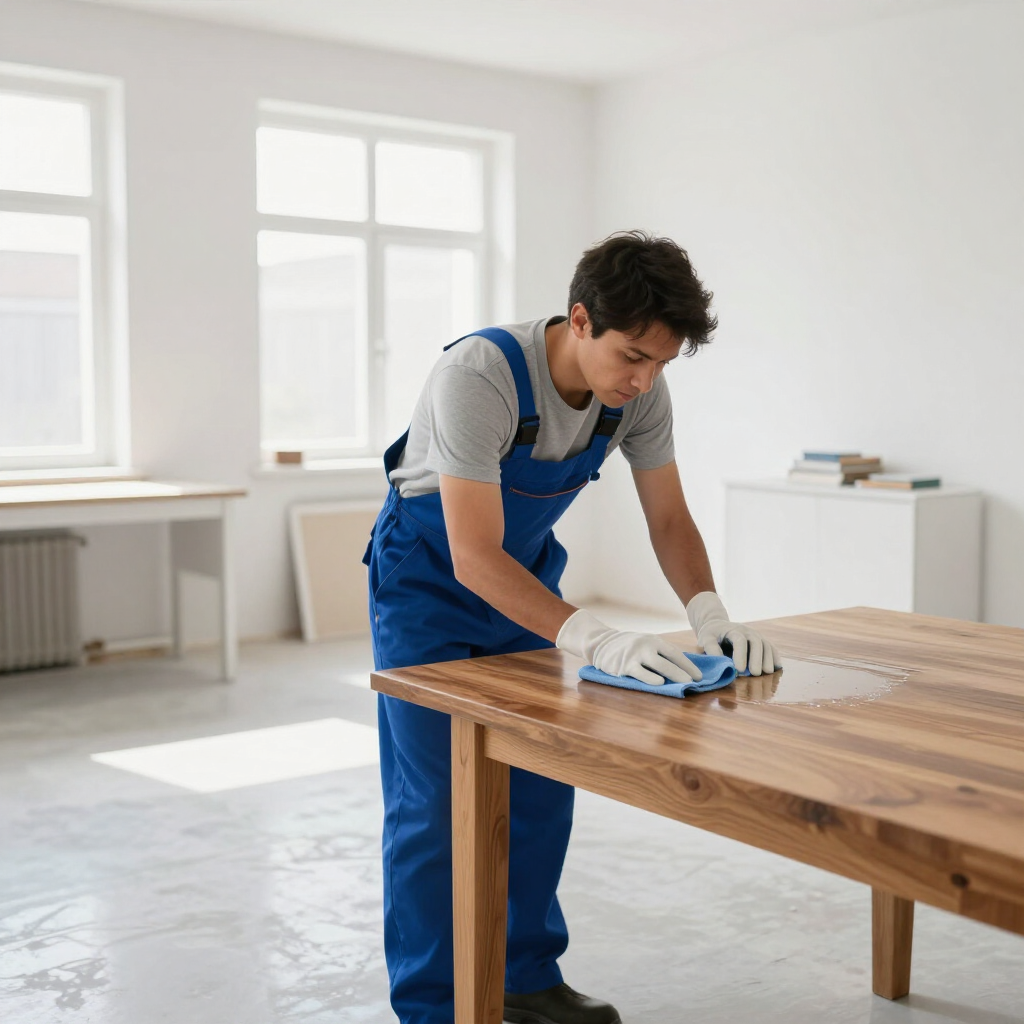Worker sanding a wooden table in a bright room with large windows