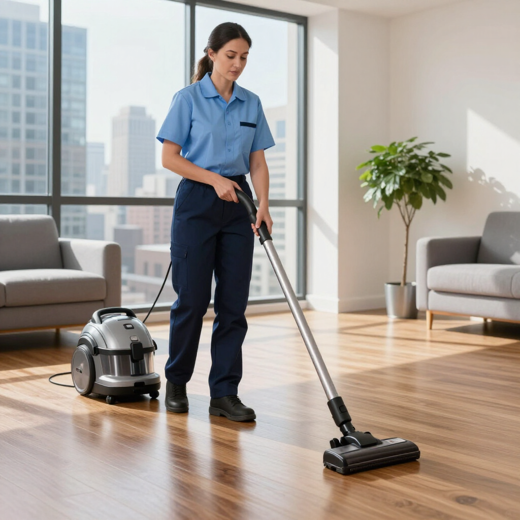 Janitor vacuuming a bright living room with a canister vacuum and hardwood floors