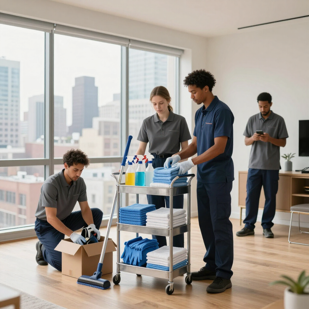 People cleaning a bright office, with a cart of supplies and large windows overlooking the city