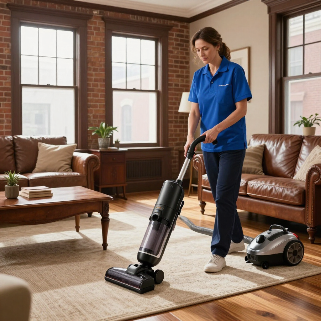 Woman vacuuming a rug in a sunlit living room with leather sofas and brick walls