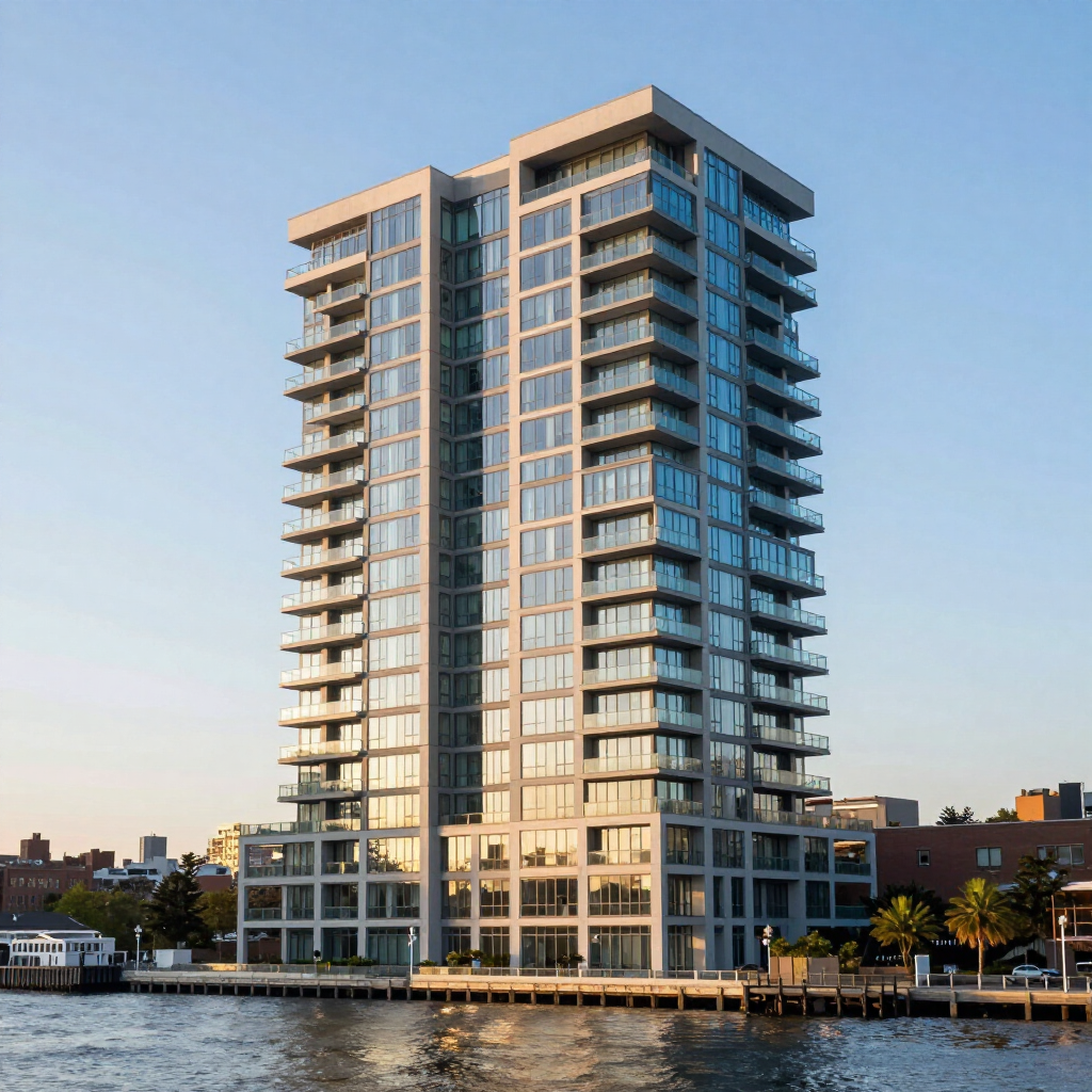Tall modern glass condominium tower by the waterfront at sunset