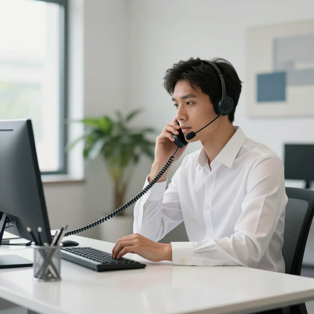 Office worker wearing a headset, speaking on the phone at a desk with a computer monitor.