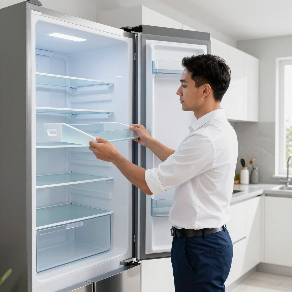 Man organizing an open empty refrigerator in a bright modern kitchen