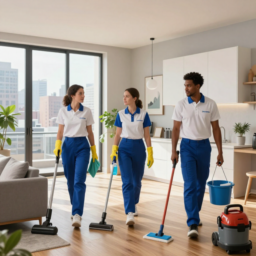 Three cleaners in blue uniforms vacuum and mop a bright apartment living room.