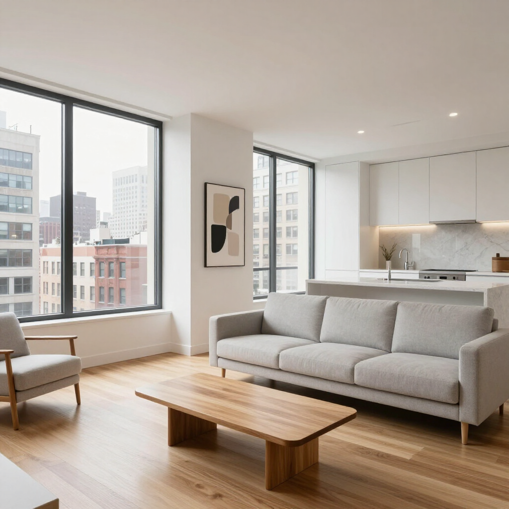 Bright modern living room with large windows, light gray sofa, wooden coffee table, and open kitchen.