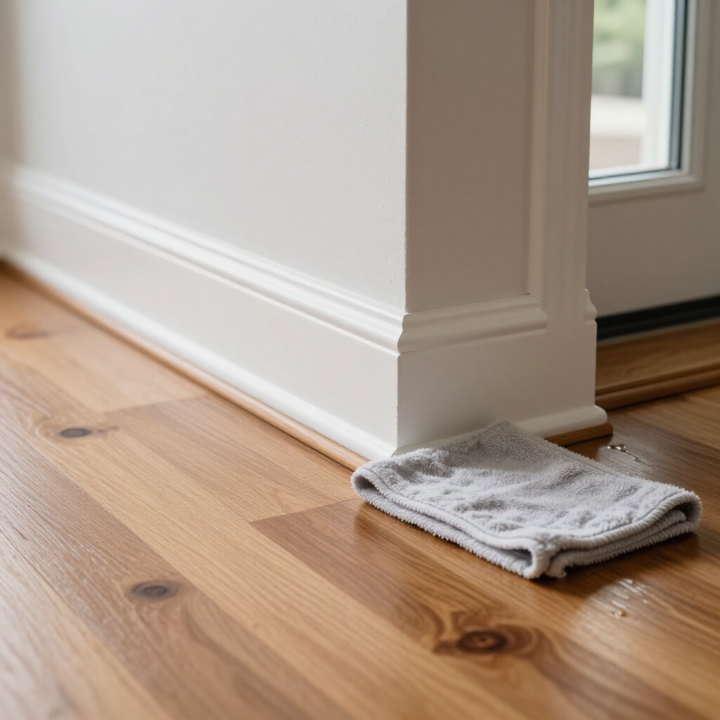 Folded gray cloth on a hardwood floor beside a white wall and door frame