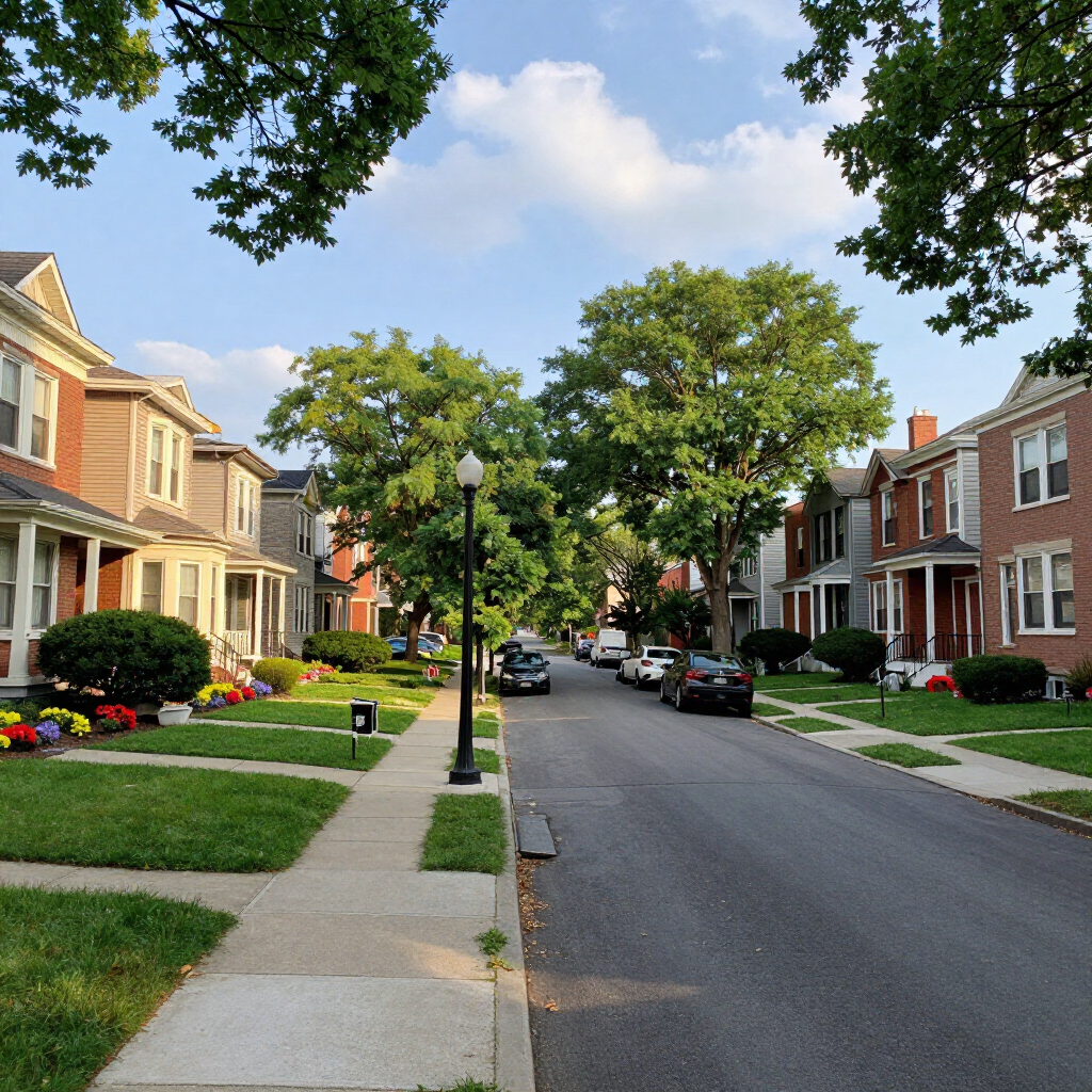 Quiet suburban street with brick houses, parked cars, sidewalks, and leafy trees on a sunny day