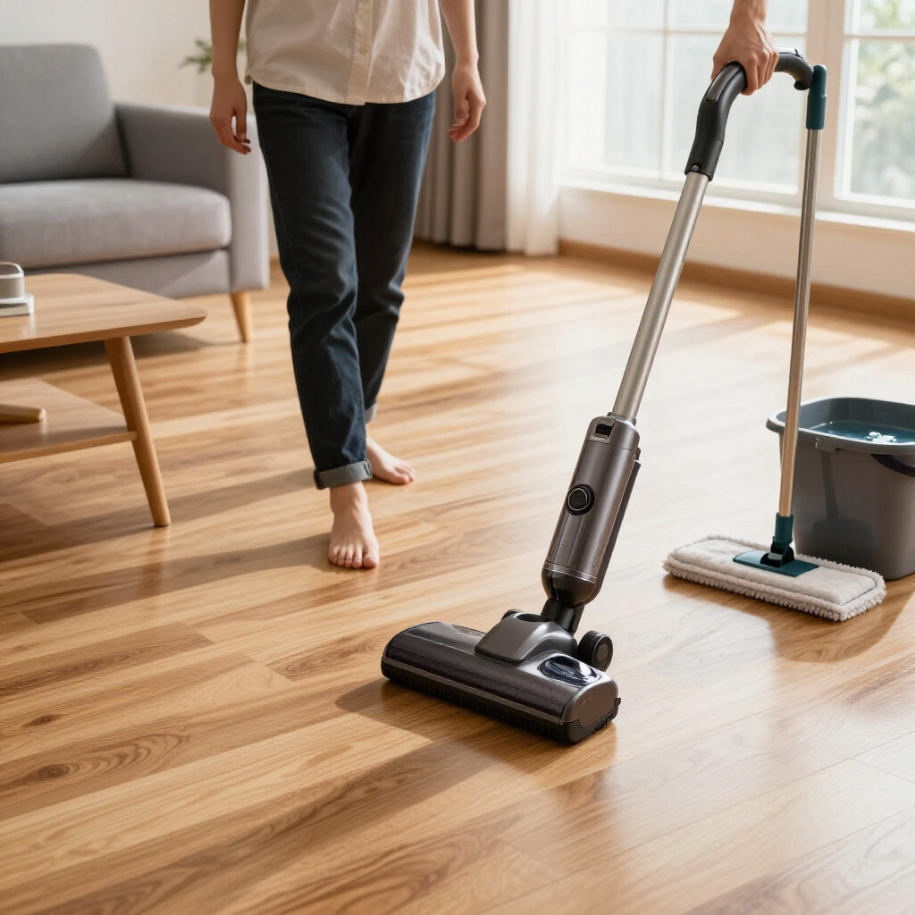 Person vacuuming a sunlit wooden floor in a living room