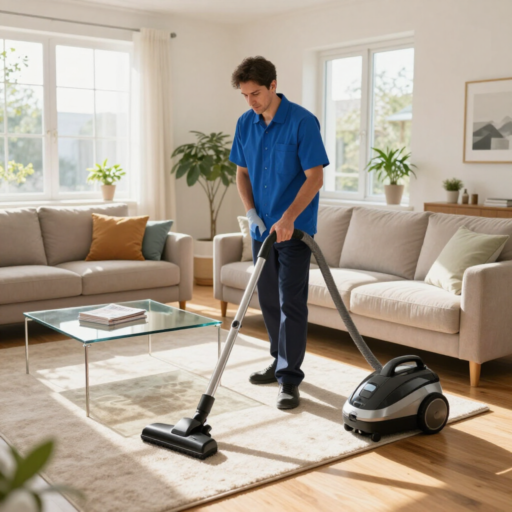 Person vacuuming a bright living room with a beige sofa, glass coffee table, and rug.