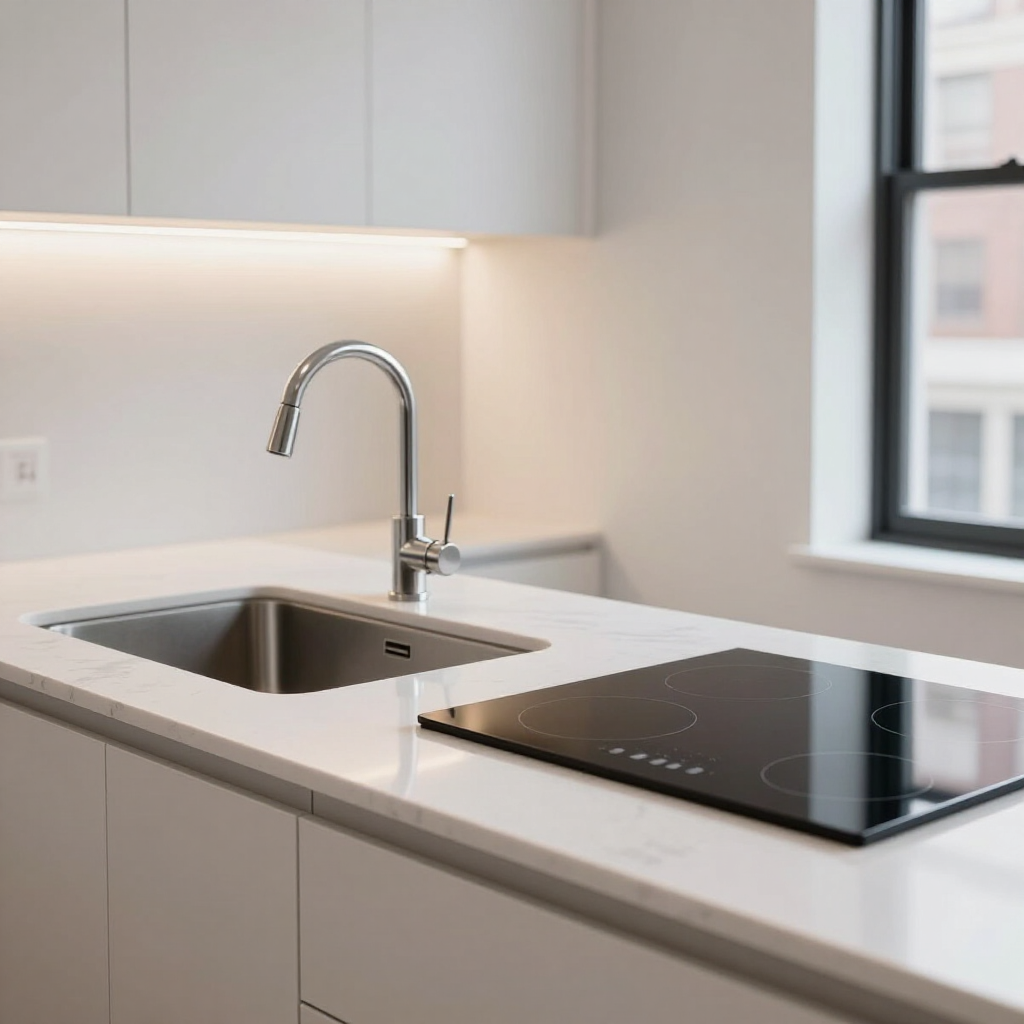 Modern kitchen countertop with stainless sink, chrome faucet, and black induction cooktop near a window
