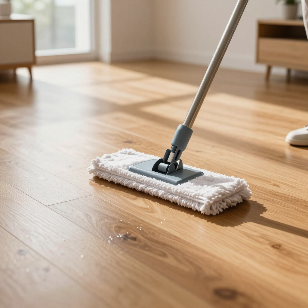 Mop cleaning a light wood floor in a bright room with sunlight streaming in.