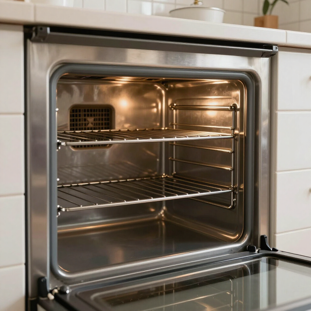 Open stainless steel oven with the door down, lit interior, and empty racks in a kitchen