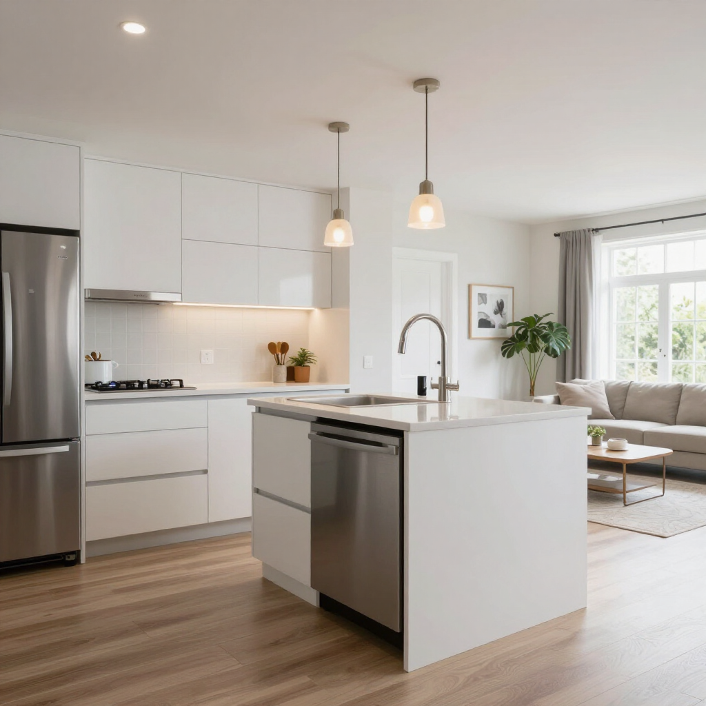 Modern white kitchen with island, stainless steel appliances, and bright living area beyond.