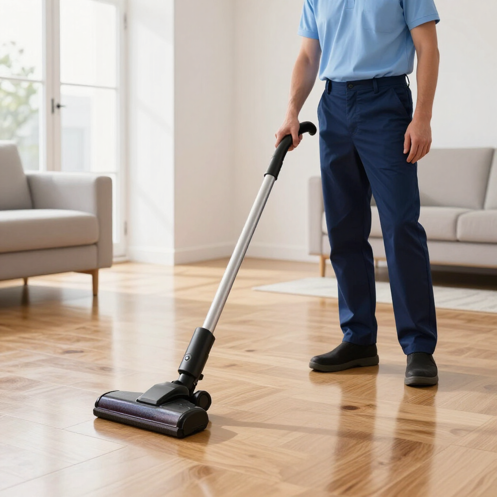 Person vacuuming a bright living room with a cordless upright vacuum.