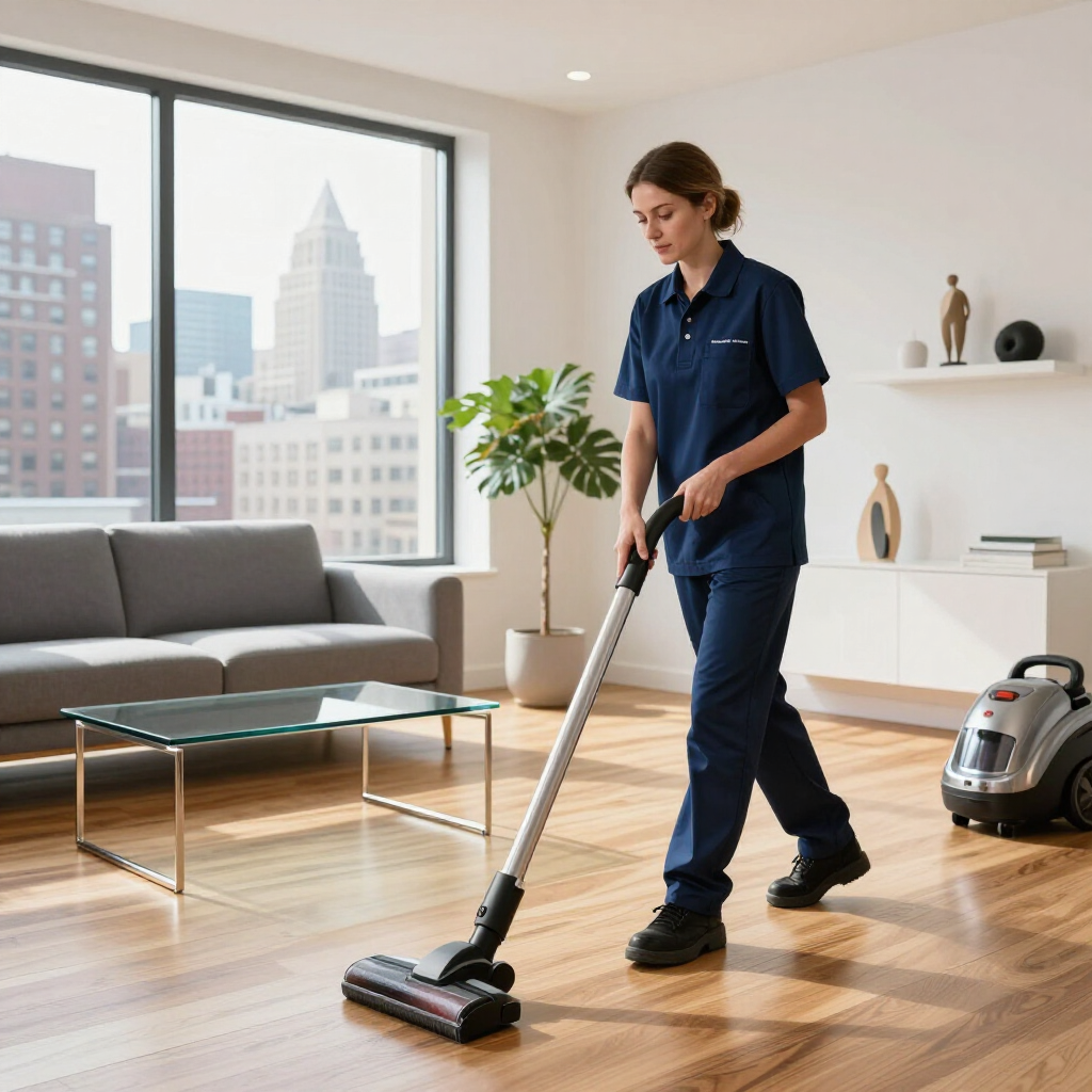 Person vacuuming a sunlit modern living room with hardwood floors and a gray sofa