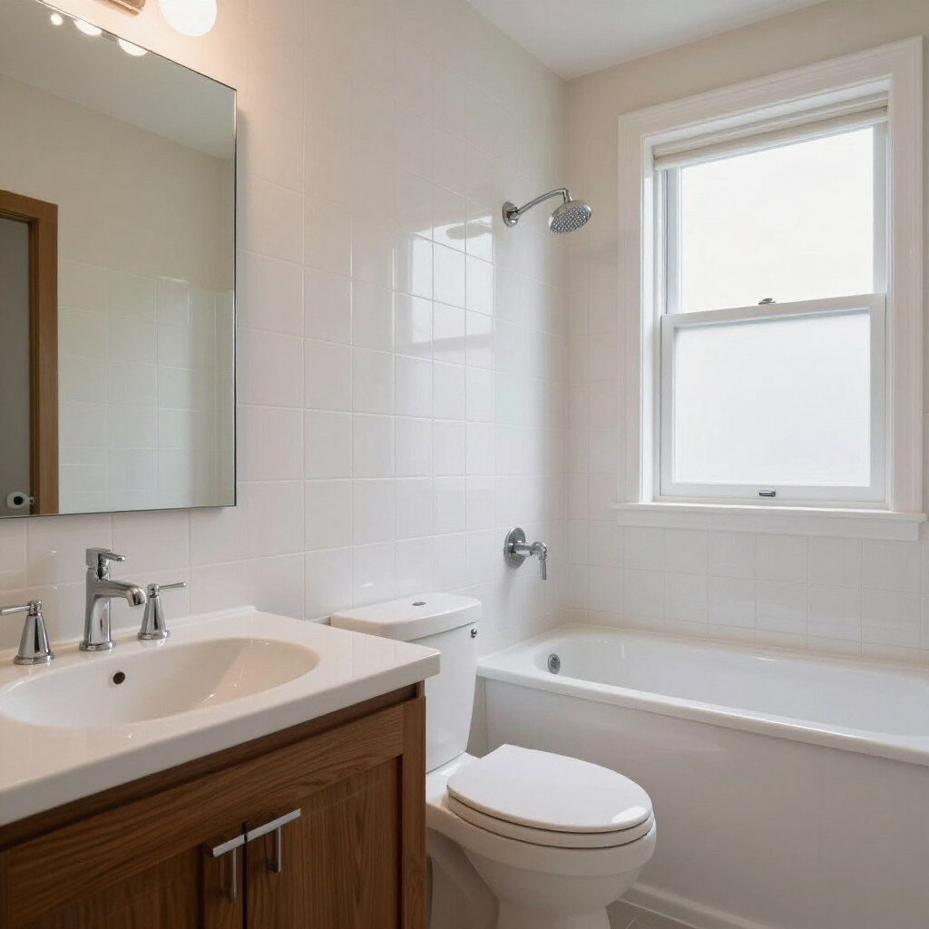 Bright white bathroom with sink, toilet, bathtub, mirror, and window.