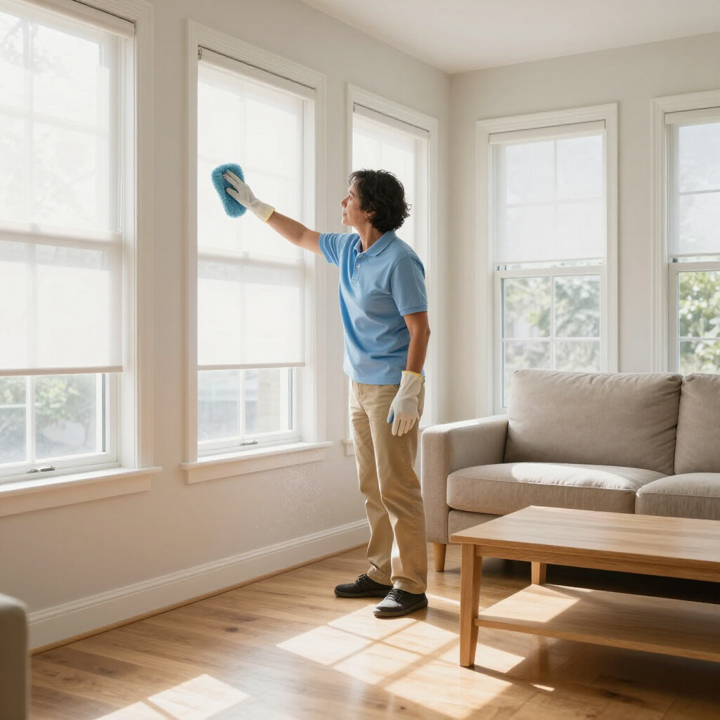 Person cleaning a window in a bright living room with a sofa and wooden coffee table