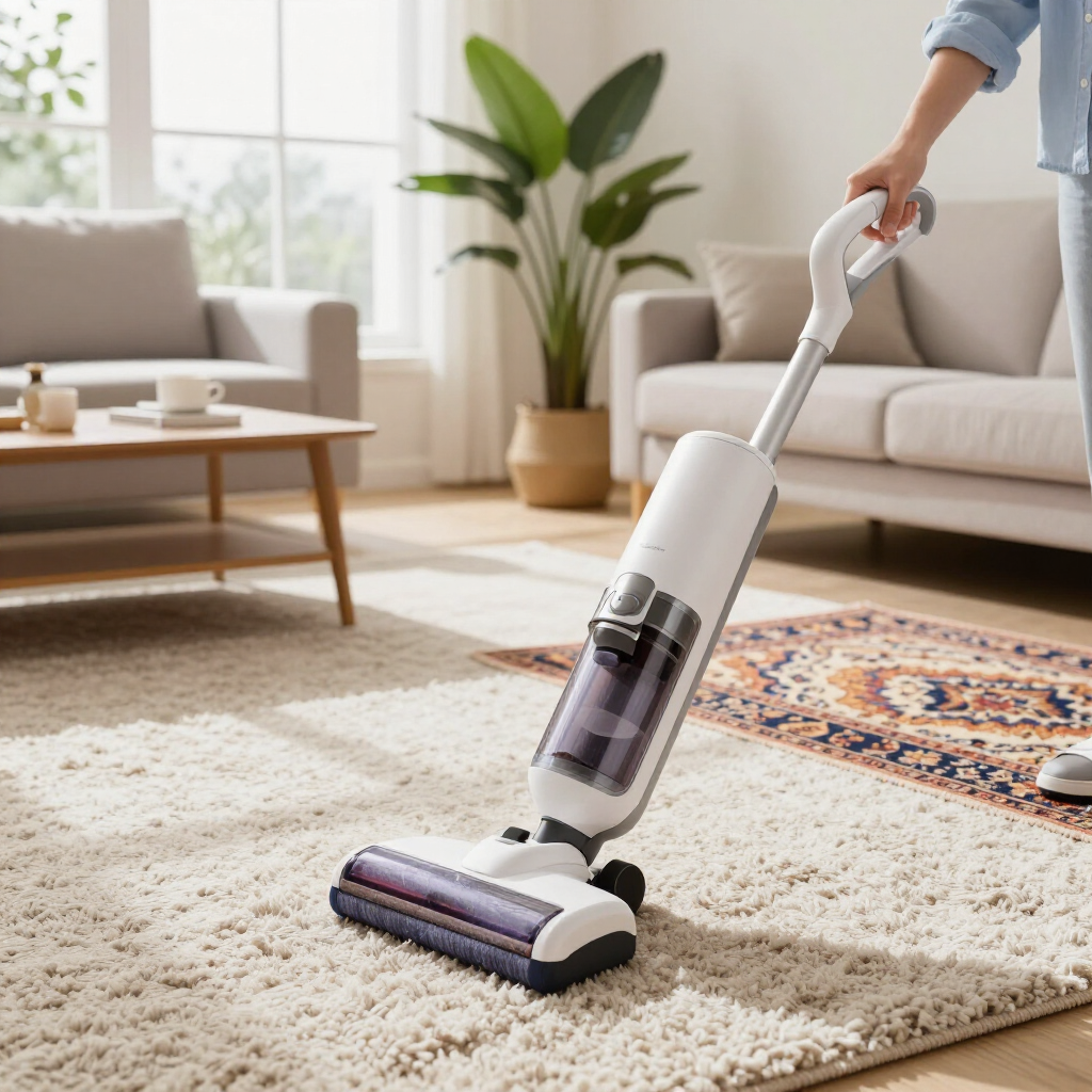 Person vacuuming a beige rug in a bright living room with a white cordless stick vacuum
