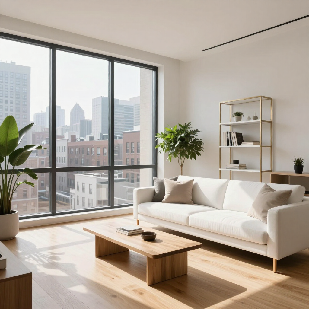 Bright modern living room with white sofa, wooden coffee table, plants, and large city-view windows