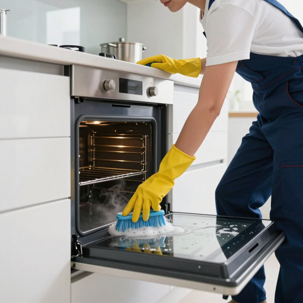 Person in yellow gloves cleaning an open oven with a brush in a modern kitchen