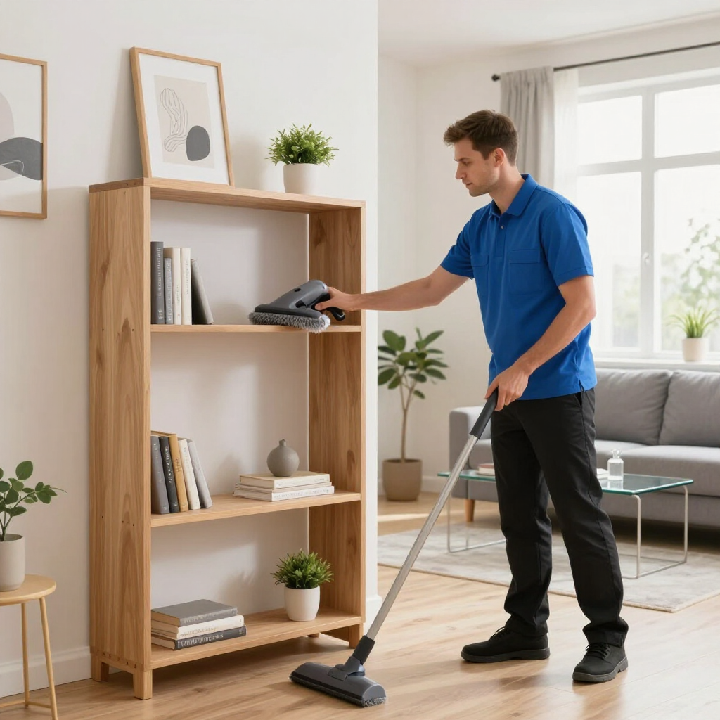 Man vacuuming a wooden bookshelf in a bright living room with a gray sofa and plants