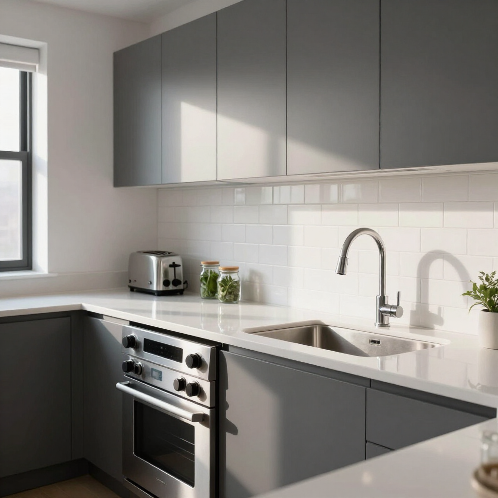 Modern gray-and-white kitchen with stainless steel appliances and a window over the sink