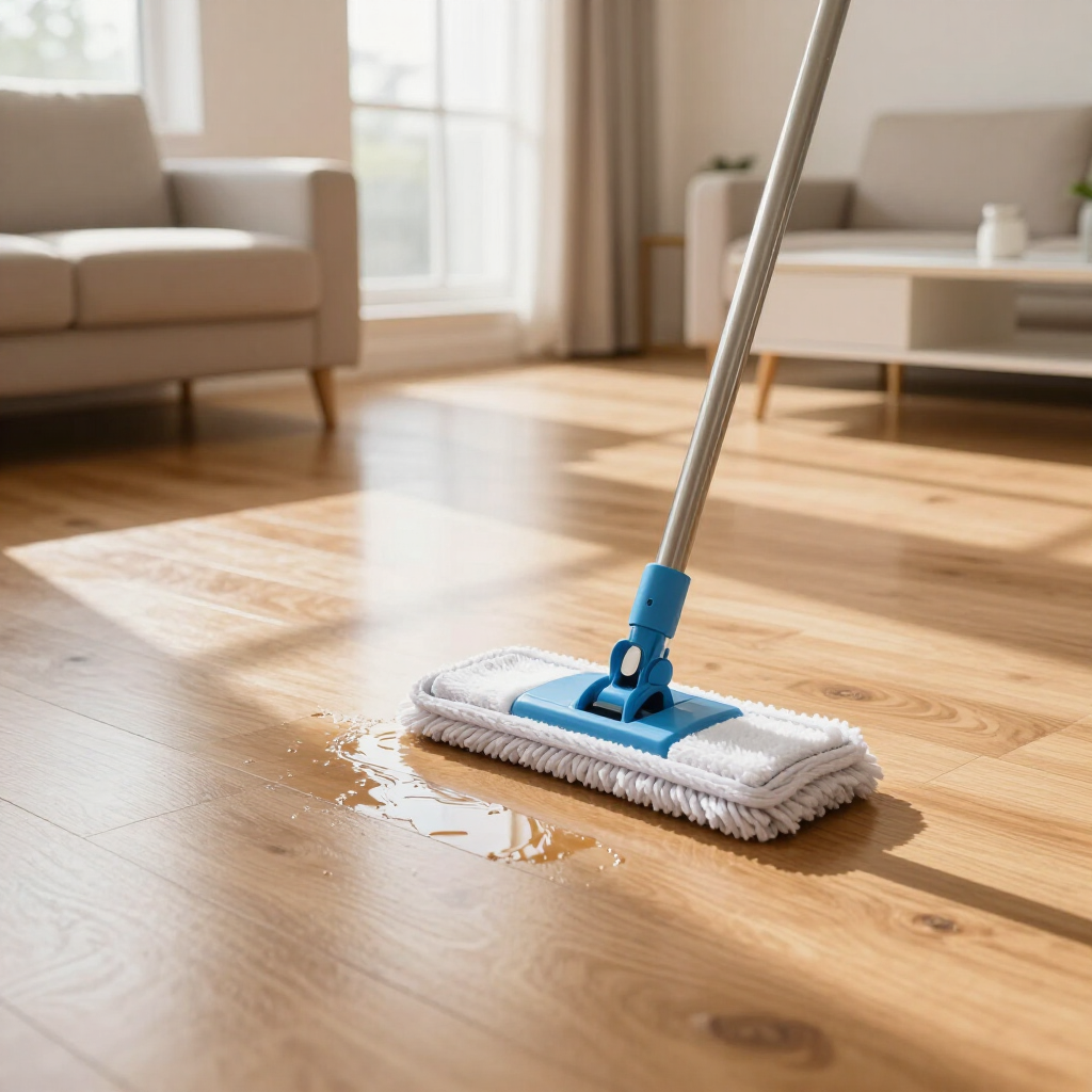Mop cleaning spilled liquid on a sunlit wooden floor in a modern living room