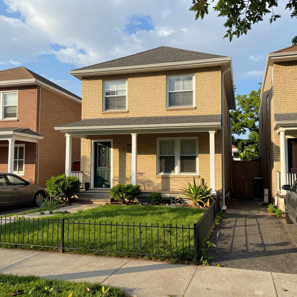 Two-story beige brick house with a front porch, small lawn, and driveway on a sunny residential street