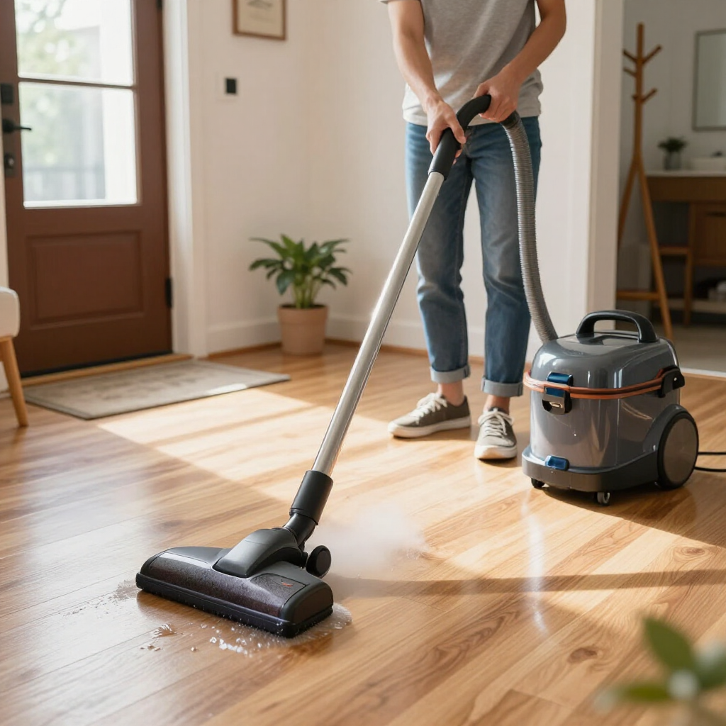 Person vacuuming a sunlit wooden floor with a canister vacuum in a home entryway