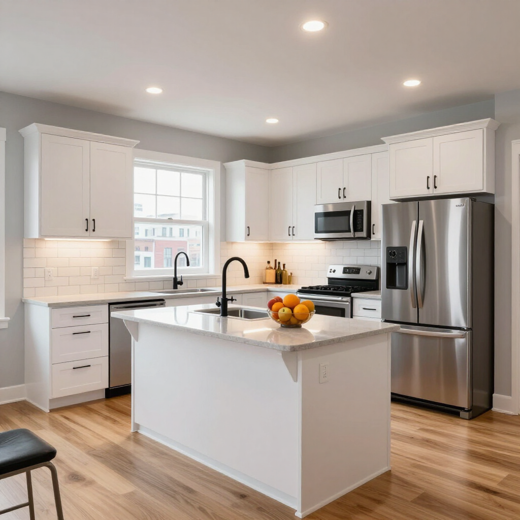 Bright modern kitchen with white cabinets, stainless appliances, island, and hardwood floors