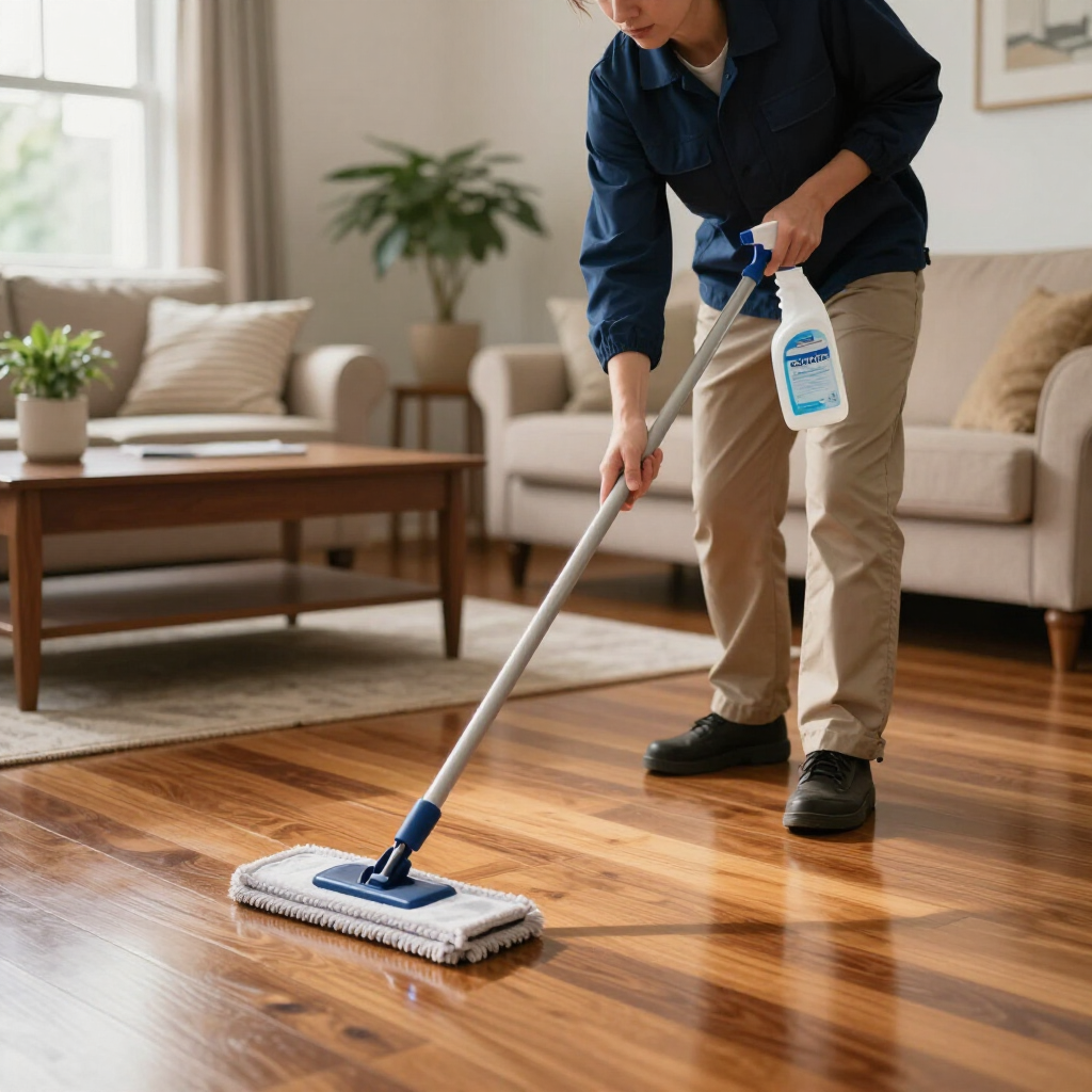 Person mopping a hardwood living room floor with a spray mop and cleaning solution