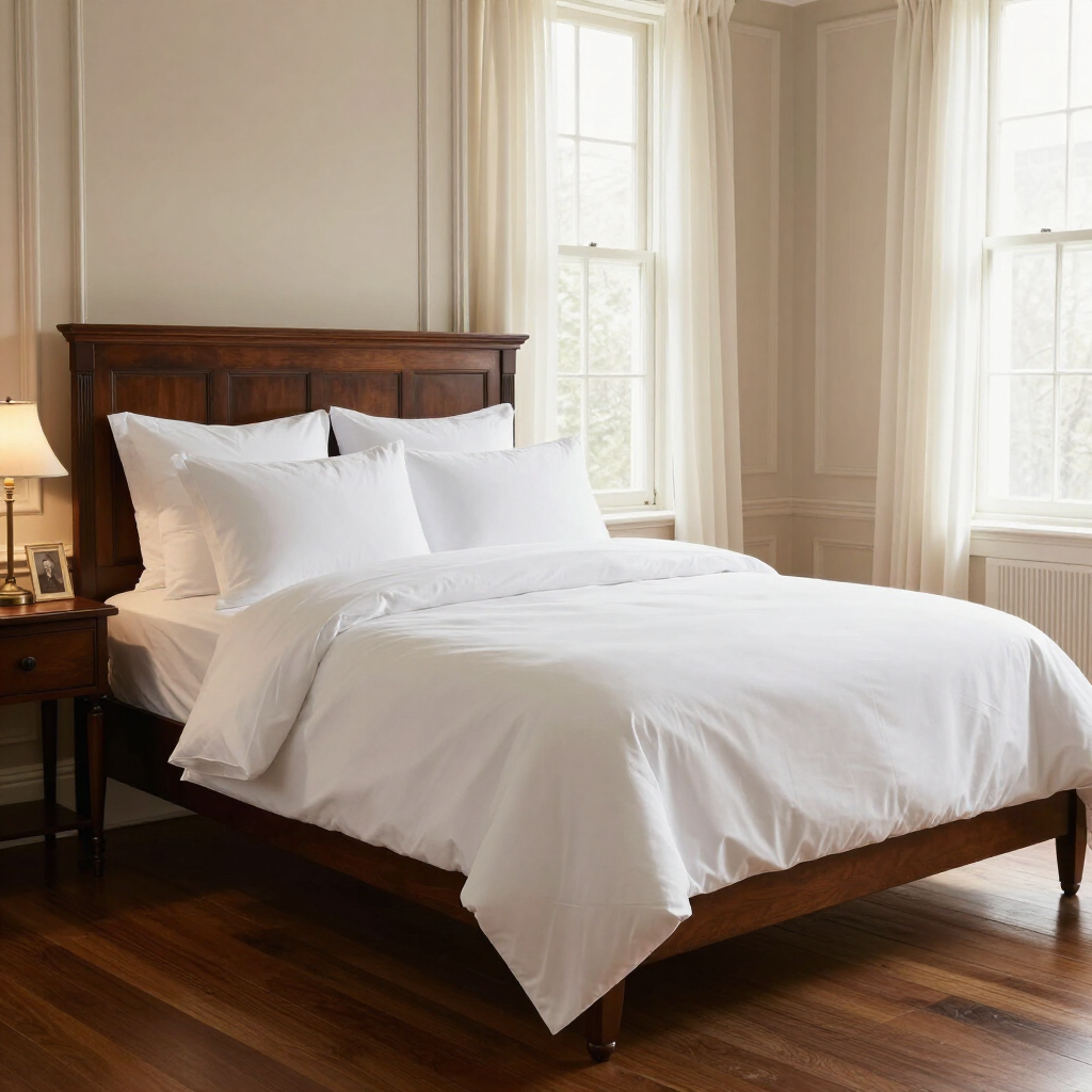 Bright bedroom with a wooden bed, white bedding, and sunlight through tall windows