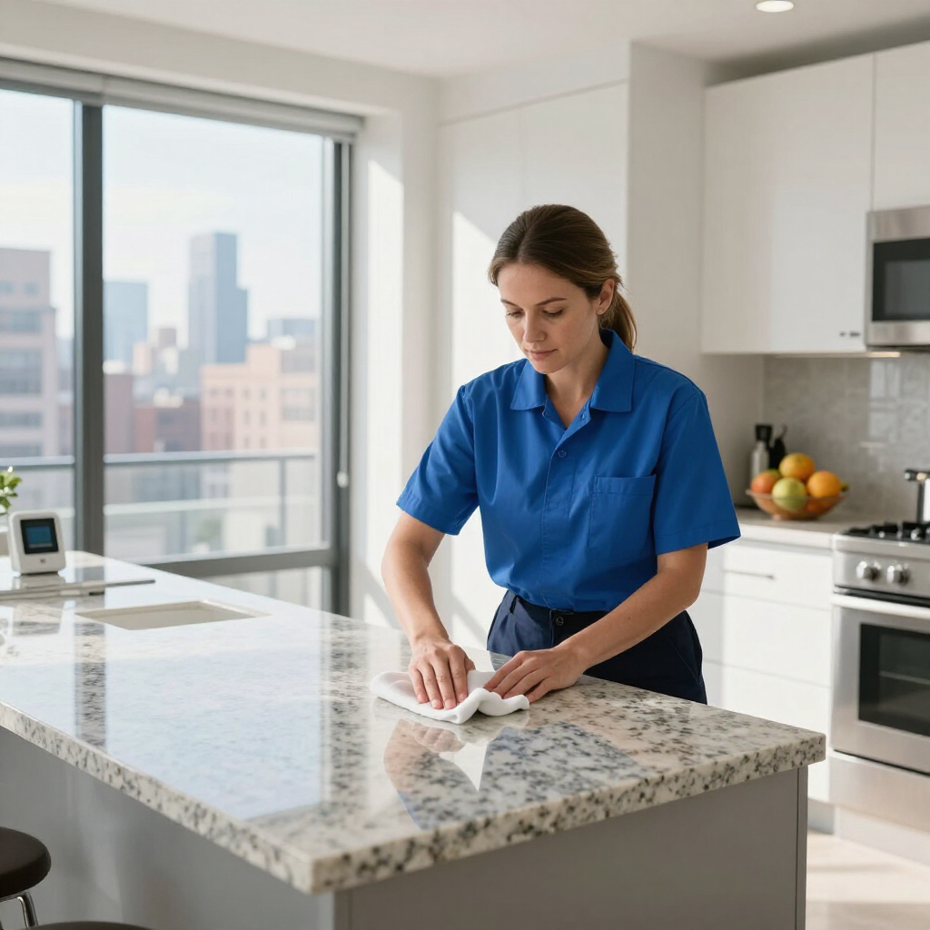 Person in a blue shirt wiping a marble kitchen island in a bright modern kitchen